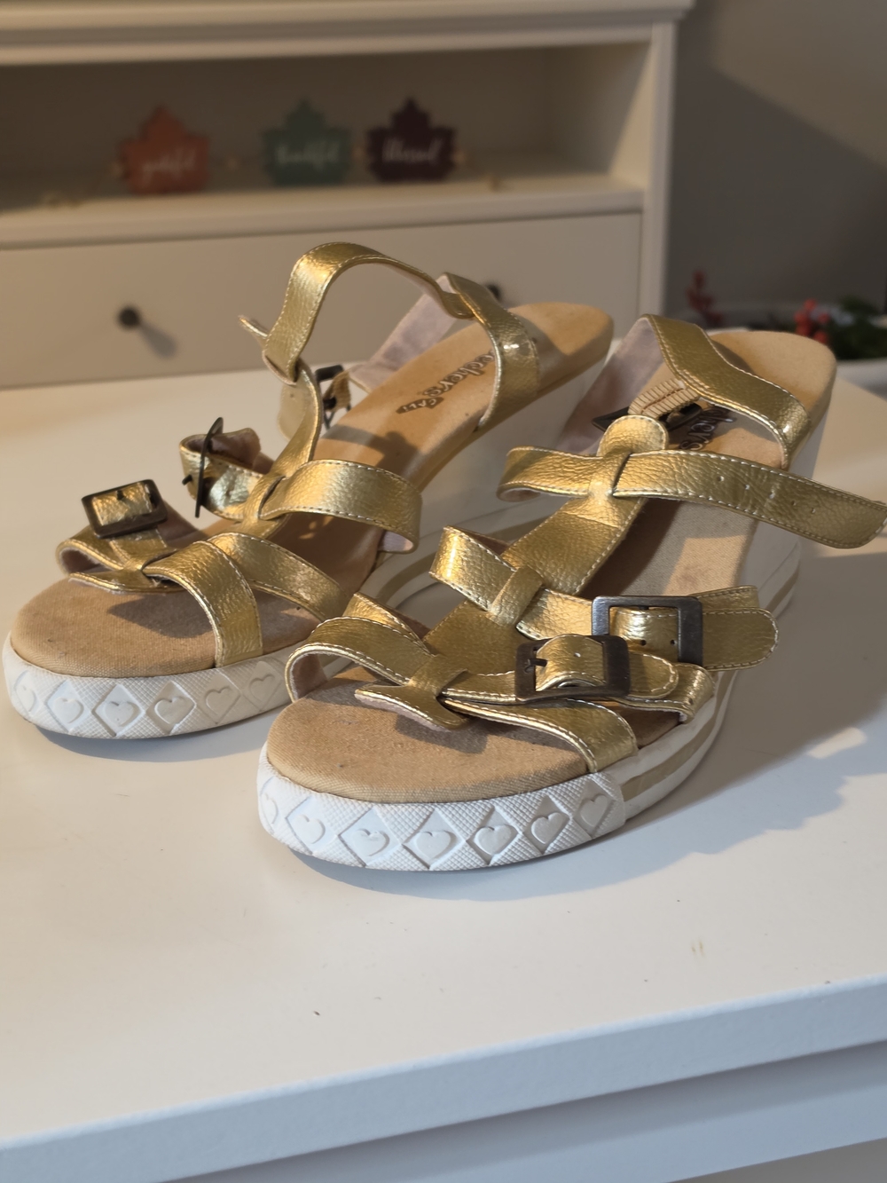 Skechers Metallic Gold Strappy Platform Sandals With Heart Embellishment